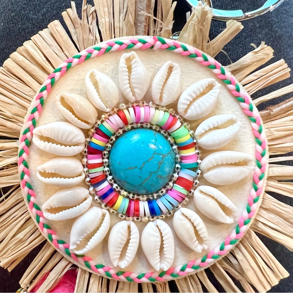 New Handmade Beaded Bohemian Medallion With Shells Neon Fringe Bag Clip Key Ring - Picture 7 of 7